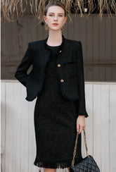 Black Tweed Button-up Jacket and Dress Set - FashionByTeresa